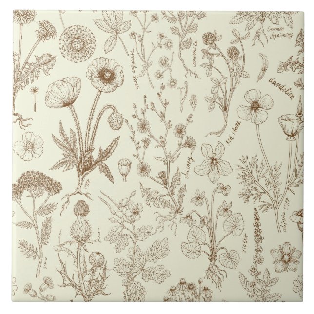 Vildblommor collage/ beige och sepia kakelplatta (Framsidan)