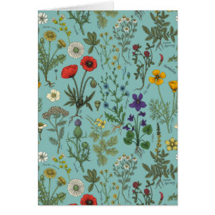 Vildblommor collage på blå bakgrund hälsningskort