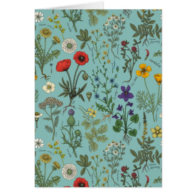 Vildblommor collage på blå bakgrund hälsningskort (Framsidan)