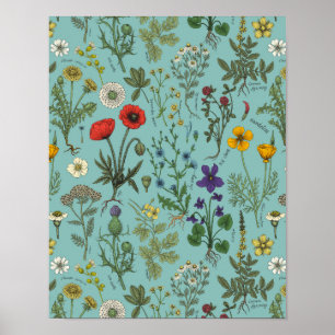 Vildblommor collage på blå bakgrund poster