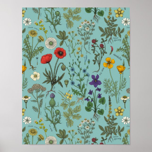 Vildblommor collage på blå bakgrund poster (Framsidan)