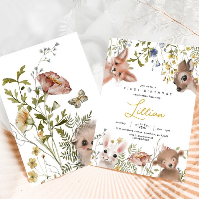 Vildblommor och trädjur Födelsedag Inbjudningar (Skapare uppladdad)