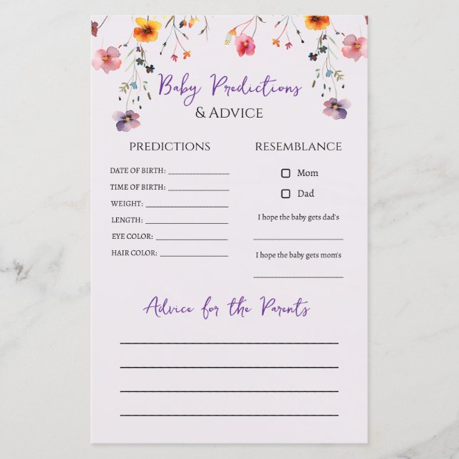 Vildblommor, ortodox Baby Shower Predicght Game (Framsida)