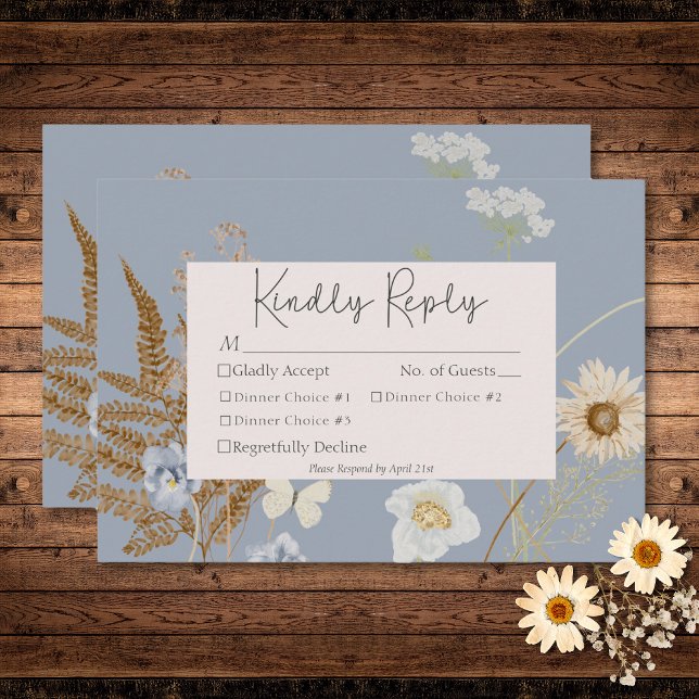 Vildblommor på Dusty Blue Bröllop tremiddag OSA Kort (Wildflowers on Dusty Blue Wedding Three Dinner RSVP Card)