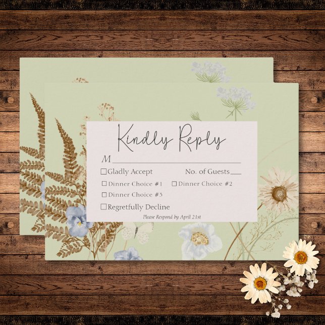 Vildblommor på Light Sage Bröllop tremiddag OSA Kort (Wildflowers on Light Sage Wedding Three Dinner RSVP Card)