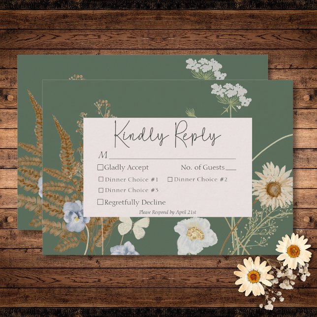 Vildblommor på Sage Grönt Bröllop tremiddag OSA Kort (Wildflowers on Sage Green Wedding Three Dinner RSVP Card)