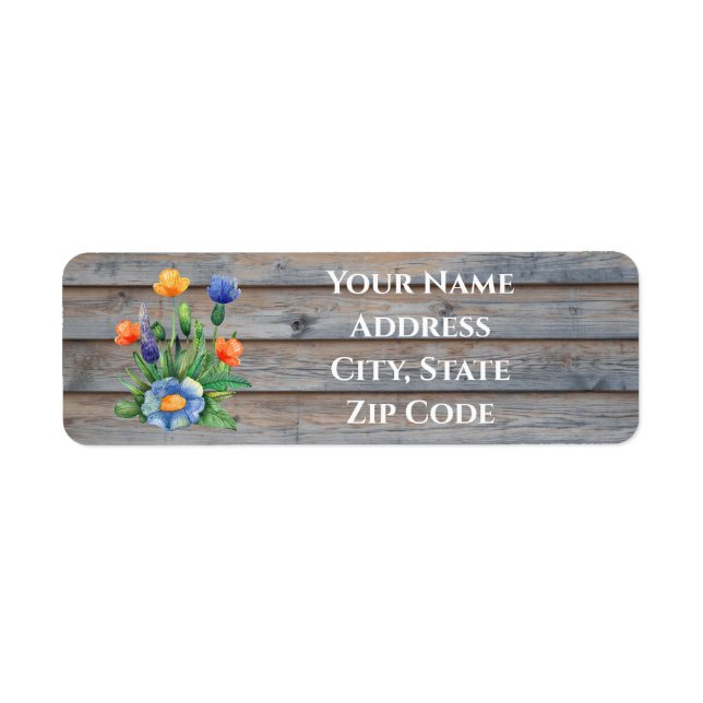 Vildblommor på träplåt returadress etikett (Framsidan)