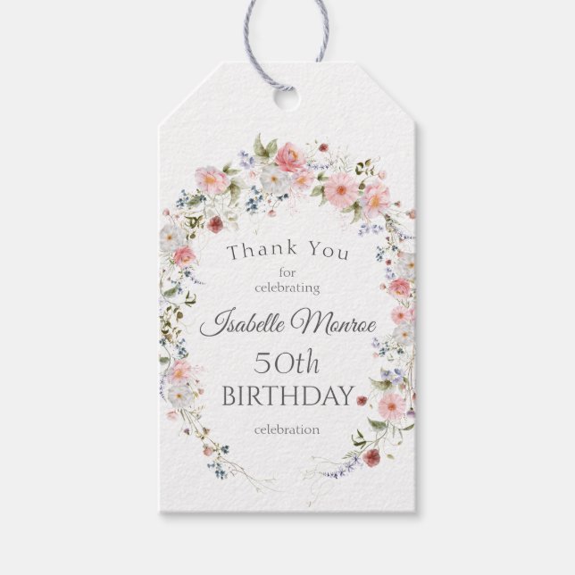 Vildblommor på våren 50-års födelsedags tack presentetikett (Framsidan)