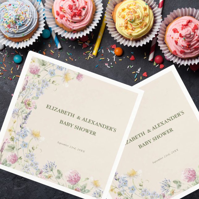 Vildblommor Par Baby Shower Grön Font Pappersservett (Skapare uppladdad)