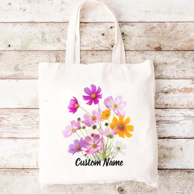 Vildblommor shoppingväska, Personlig namngiven sho Tygkasse (wildflowers tote bag, custom name tote bag, birthday gift for her, Mother’s Day gift)