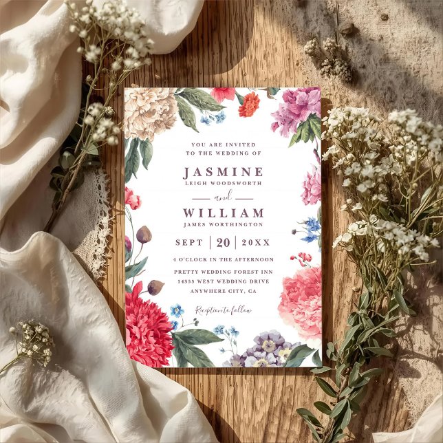 Vildblommor Trädgård Rustik Elegant QR-kod Bröllop Inbjudningar (Skapare uppladdad)