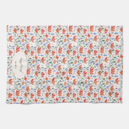 Vildblommor, vattenfärg i rött och blått sötningsm kökshandduk