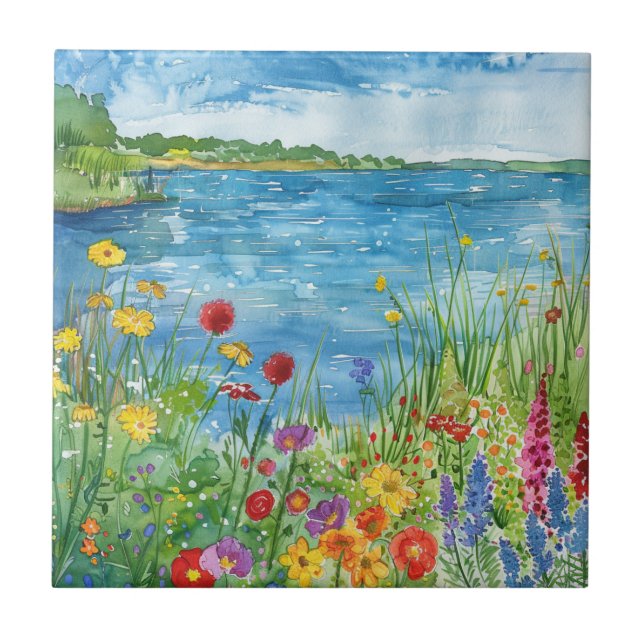 Vildblommor vid en sjö kakelplatta (Framsidan)