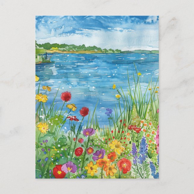Vildblommor vid en sjö vykort (Framsida)