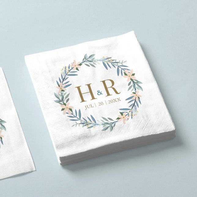 Vildblommorskrans Monogram Bröllopsdatum Servetter (Skapare uppladdad)