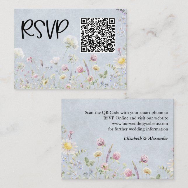 Vildblommsträdgård Stonewash Blå Bröllop RSVP Tilläggskort (Fram/baksida)