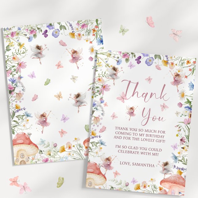 Vildblomsälvagård 1-års födelsedag tack kort (Wildflower Fairy Garden 1st Birthday Thank You Card)