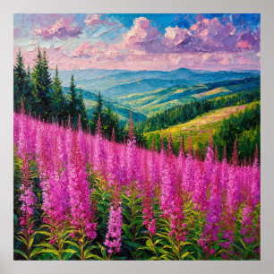 Vildblomsäng med bergslandskap poster