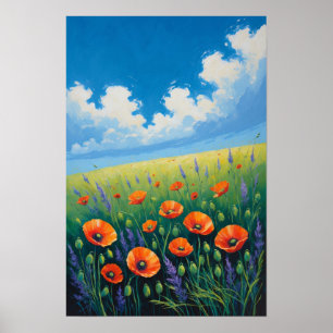 Vildblomsäng med blå himmel och vallmo Konst Poster