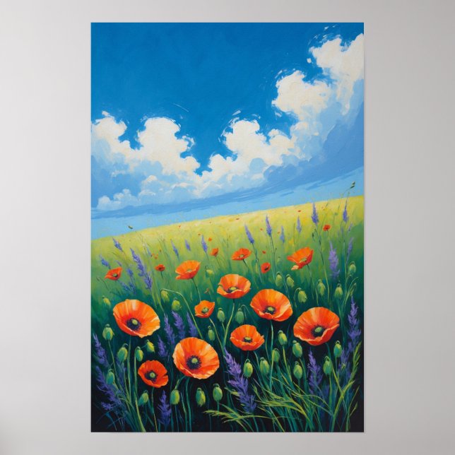 Vildblomsäng med blå himmel och vallmo Konst Poster (Framsidan)
