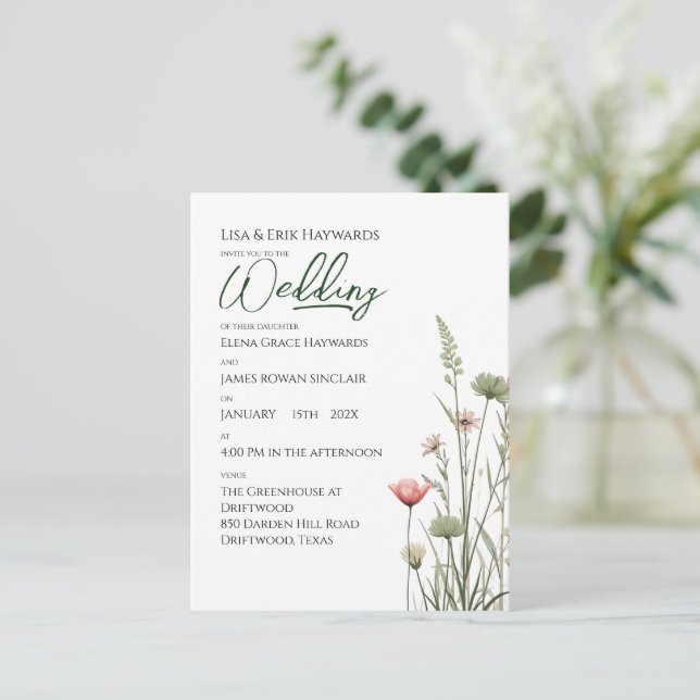 Vildblomsäng | Minimalistisk Boho Budgetbröllop Vykort (Stående Fram)