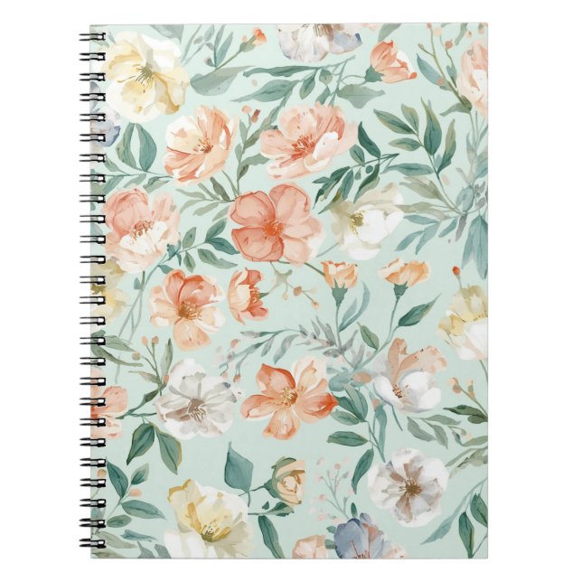 Vildblomsäng Vattenfärg Blå Blommönster Anteckningsbok (Framsidan)