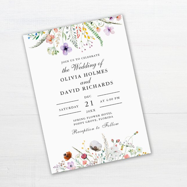 Vildblomsäng Vattenfärg Bröllopsinbjudan Inbjudningar (Wildflower Meadow Wedding Invitation on off-white background)