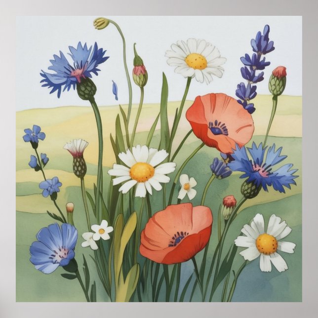 Vildblomsäng Vattenfärg Poster (Framsidan)