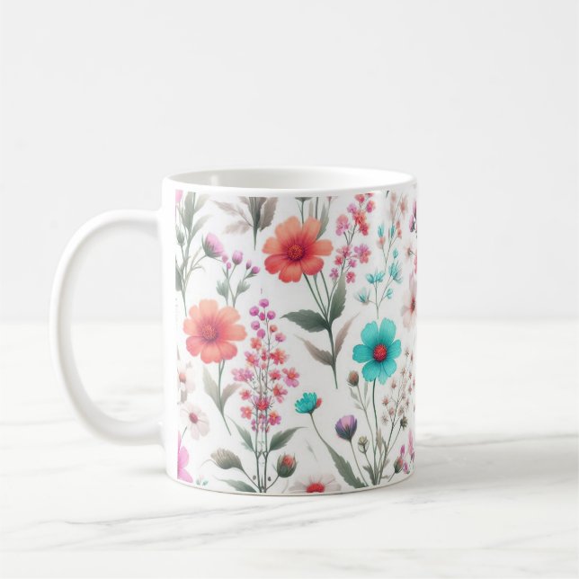 Vildblomsäng vit, grön, blå, brun, turkos  kaffemugg (Vänster)