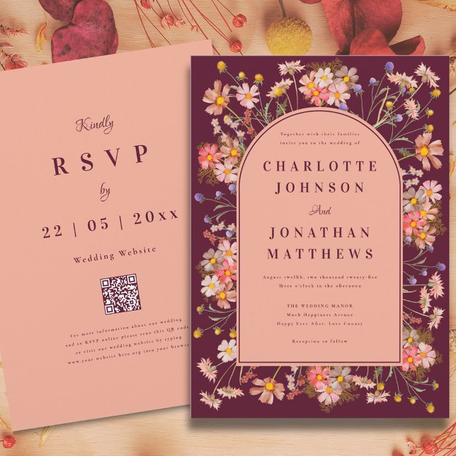 Vildblomsbåge Burgundy Höstbröllop Inbjudningar (Wildflower arch elegant burgundy fall wedding invitation peach burnt orange terracotta purple yellow)