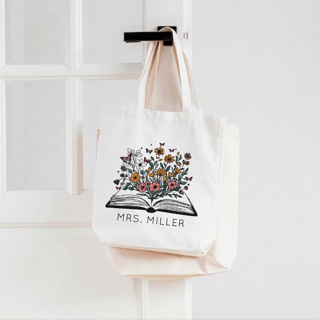 Vildblomsbokpresent för tacksamhet till lärare tygkasse (Floral student teacher | kindergarten teacher | preschool teacher | elementary teacher tote bag gift)