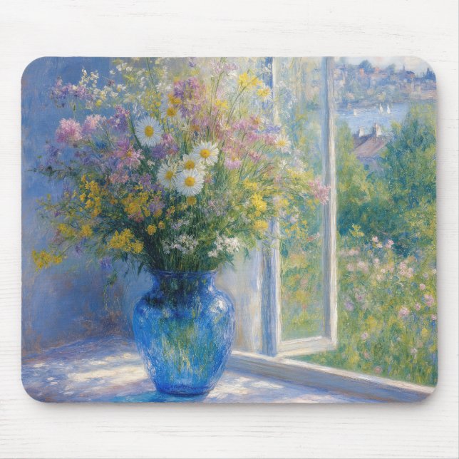 Vildblomsbukett i blå vas musmatta (Framsidan)