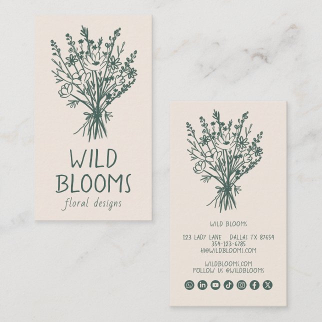 Vildblomsbukett Rustik Minimal Floral Social Visitkort (Fram/baksida)