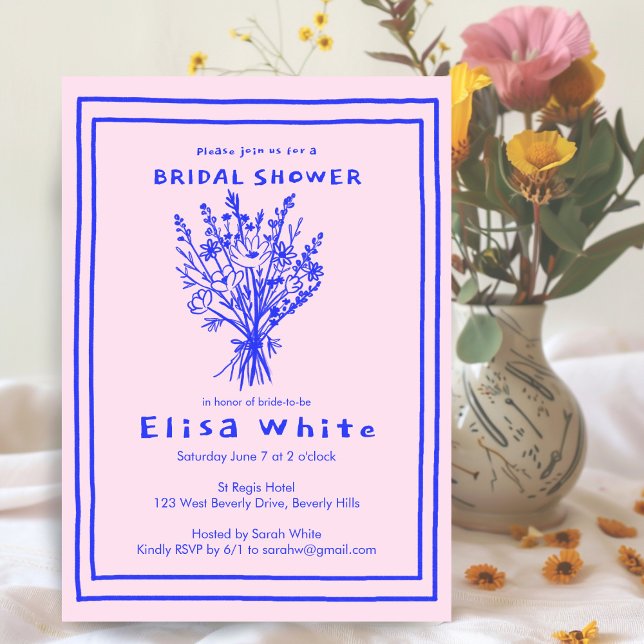 Vildblomsbukett Rustik Whimsical Bröllopsfest Inbjudningar (Wildflower Bouquet Rustic Whimsical Bridal Shower Invitation Pink Blue Sketch Charming Cute)