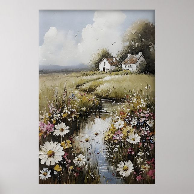 Vildblomsfält Vintage-målning, utskrivbar Poster (Framsidan)