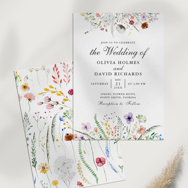 Vildblomsinrammad bröllopsinbjudan inbjudningar (Boho Watercolor Wildflower Meadow Wedding Invite on a white table.)