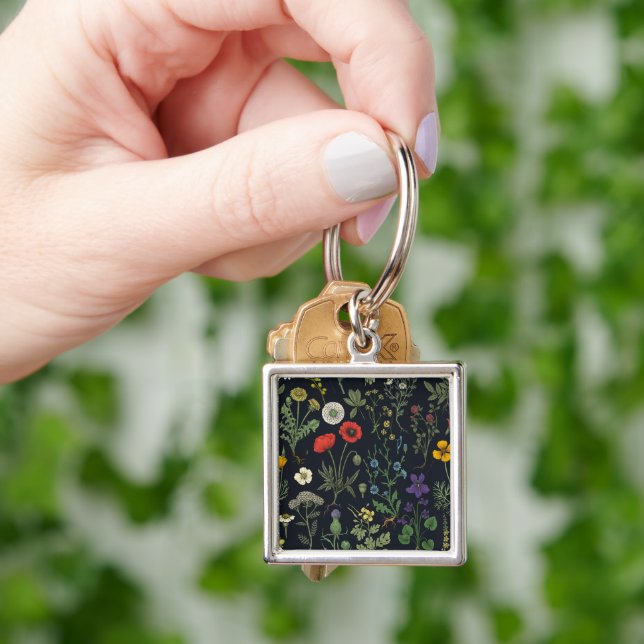 Vildblomskollage Fyrkantig Silverfärgad Nyckelring (Hand)