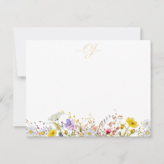Vildblomsmonogram Noteskort Inbjudningar (Framsida)