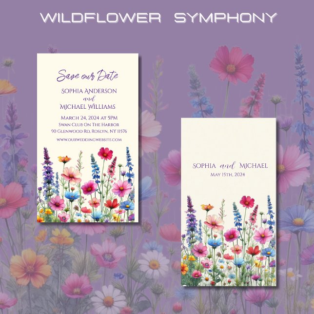 Vildblomssymfoni Bröllop-Spara datum- Visitkort (Wildflower Symphony Wedding Save the Date-Colorful, Rustic, Country, Bohemian, Elegant)