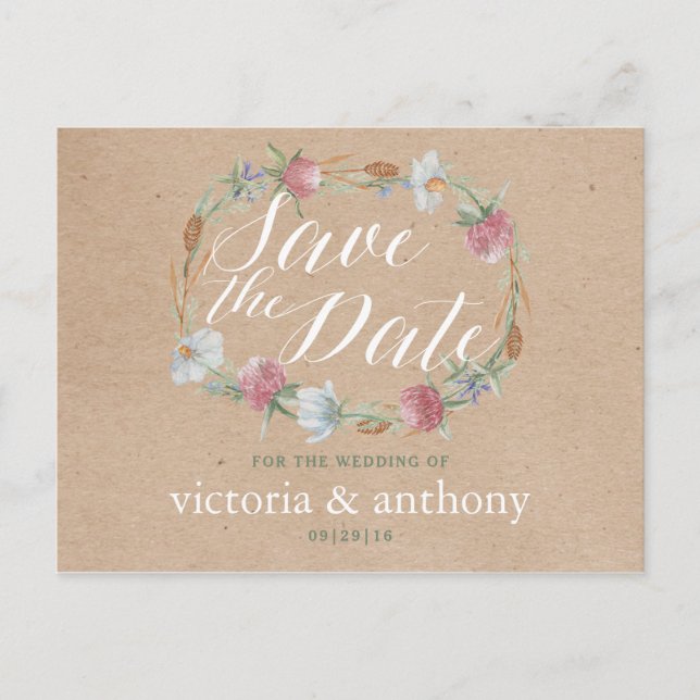 Vildblomsterkrans på kraft lantlig spara datumet meddelande vykort (Framsida)