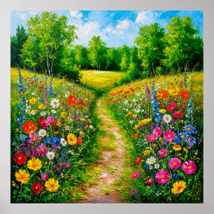 Vildblomsterstig genom en frodig sommar poster