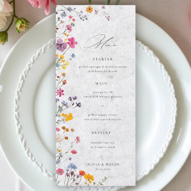 Vildblomsterträdgård Modern Blommig Elfenbensvit B Meny (wildflower wedding menu watercolor garden backyard barn summer spring elegant ivory white)
