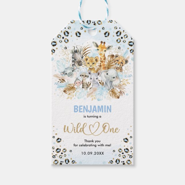 Vilden Blue Guld Jungle Animals One Boy 1st Birthd Presentetikett (Framsidan)