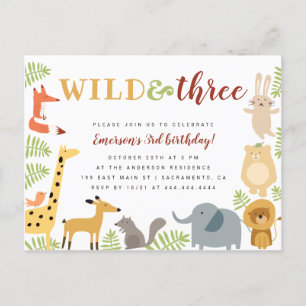 Vilden Cute Jungle Animals & Lövs och tre födelsed Inbjudan Vykort
