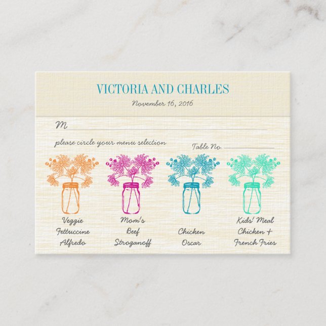 Vilden Flower Bröllop i Zinnia Mason Burk Placeringskort (Framsida)