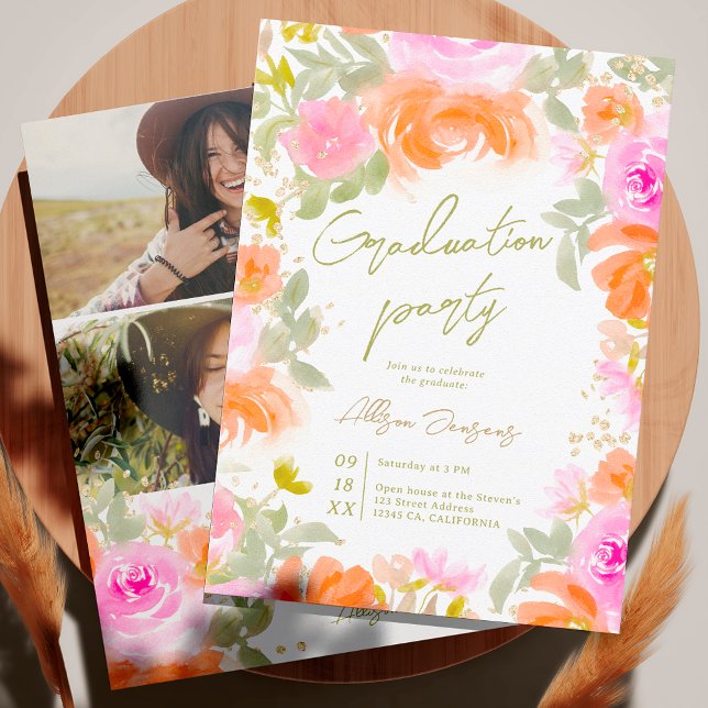 Vilden Garden orange blommor, studenten Inbjudningar (Garden orange wild flowers photo graduation invitation)
