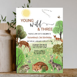 Vilden Modern Woodland Animals och 3:e födelsedage Inbjudningar