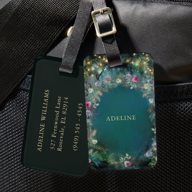 Vilden Ro Greenery Fairy Woodland Bagagebricka (enchanted forest personalized luggage tag wild roses wildflower floral emerald gold woodland fairy)