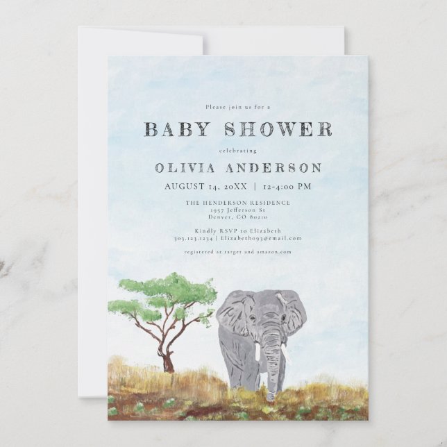 Vilden Safari Baby Shower, målad elefant Inbjudningar (Framsida)