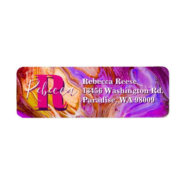 Vildens Lila och Orange Fluid Art Returadress Etikett (Framsidan)